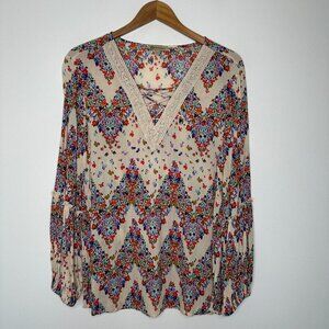Democracy Peasant Blouse Size XL Floral‎ Crochet Lace V Neck Chevron Boho